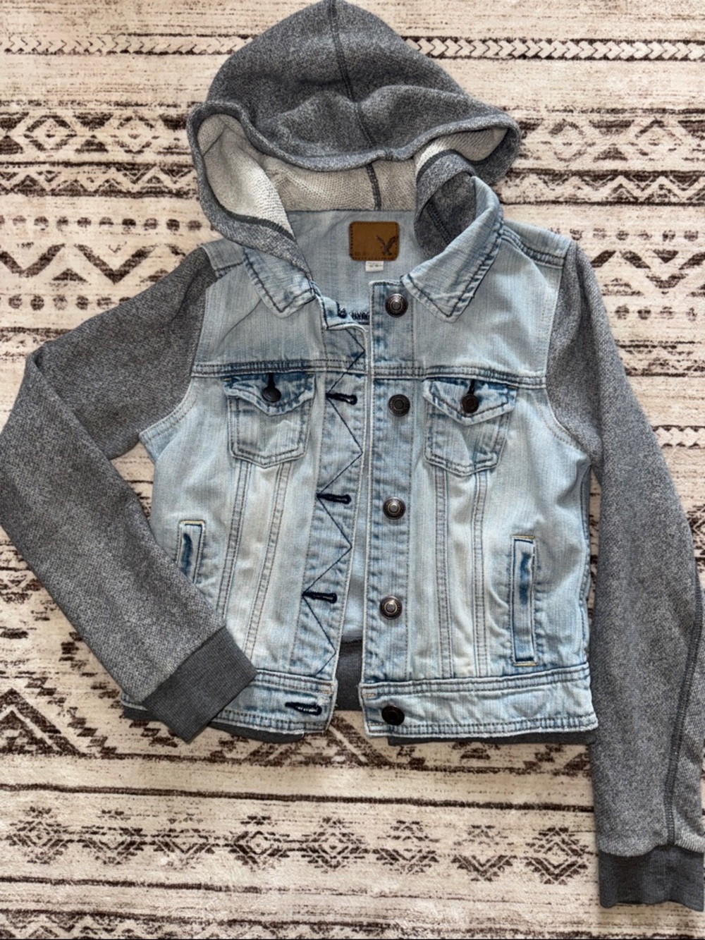 American Eagle Outfitters Light Blue Denim Jacket with Gray Knit Hood & Sleeves